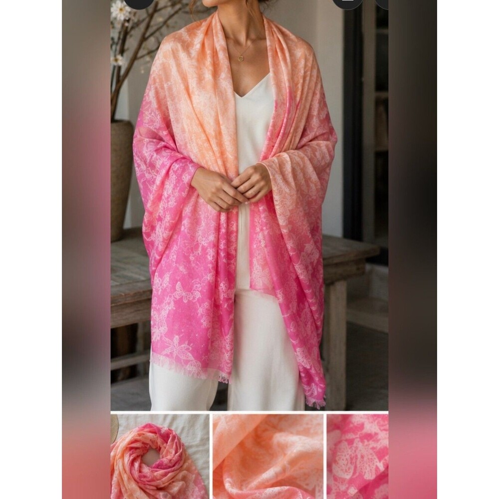 100% Silk Scarf Pink Orange 65x26 Silky Soft Lightweight Layering Warmth Cozy